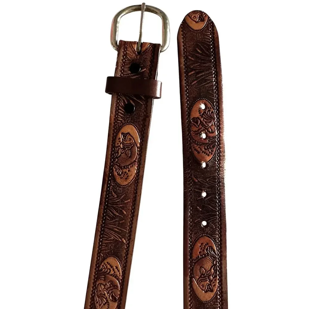Grandpa Fishing Belt Mens Size 40 Brown Tooled Cowhide Leather Fish